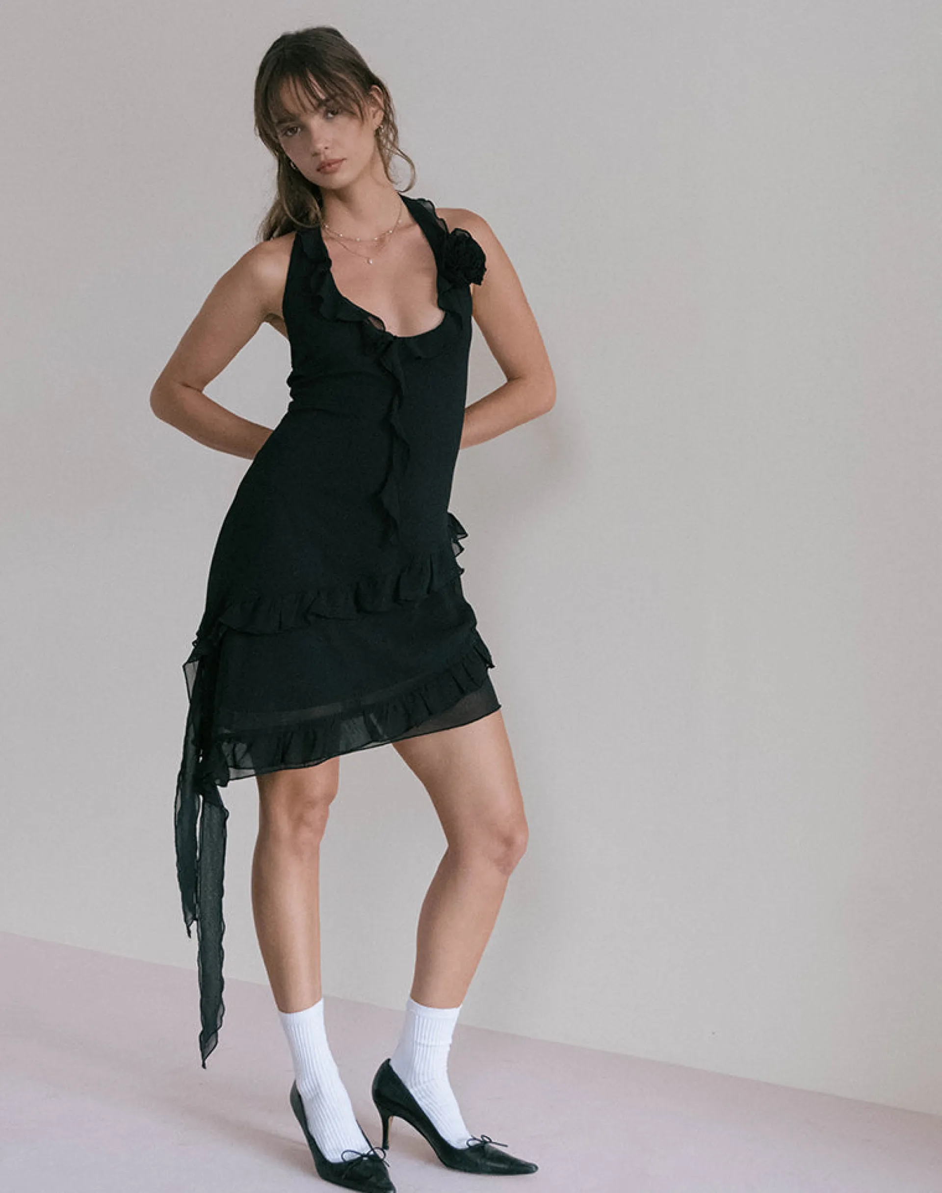 Motel Rocks Little Black Dresses | Party Dresses-Margaret Ruffle Mini Dress in Black Chiffon with Rosette