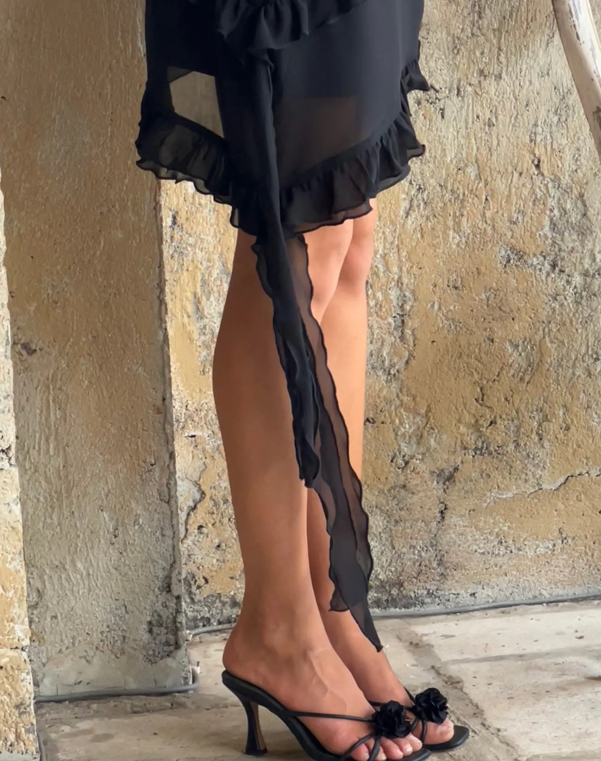 Motel Rocks Little Black Dresses | Party Dresses-Margaret Ruffle Mini Dress in Black Chiffon with Rosette