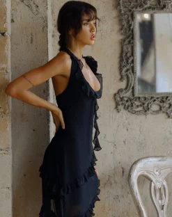 Motel Rocks Little Black Dresses | Party Dresses-Margaret Ruffle Mini Dress in Black Chiffon with Rosette