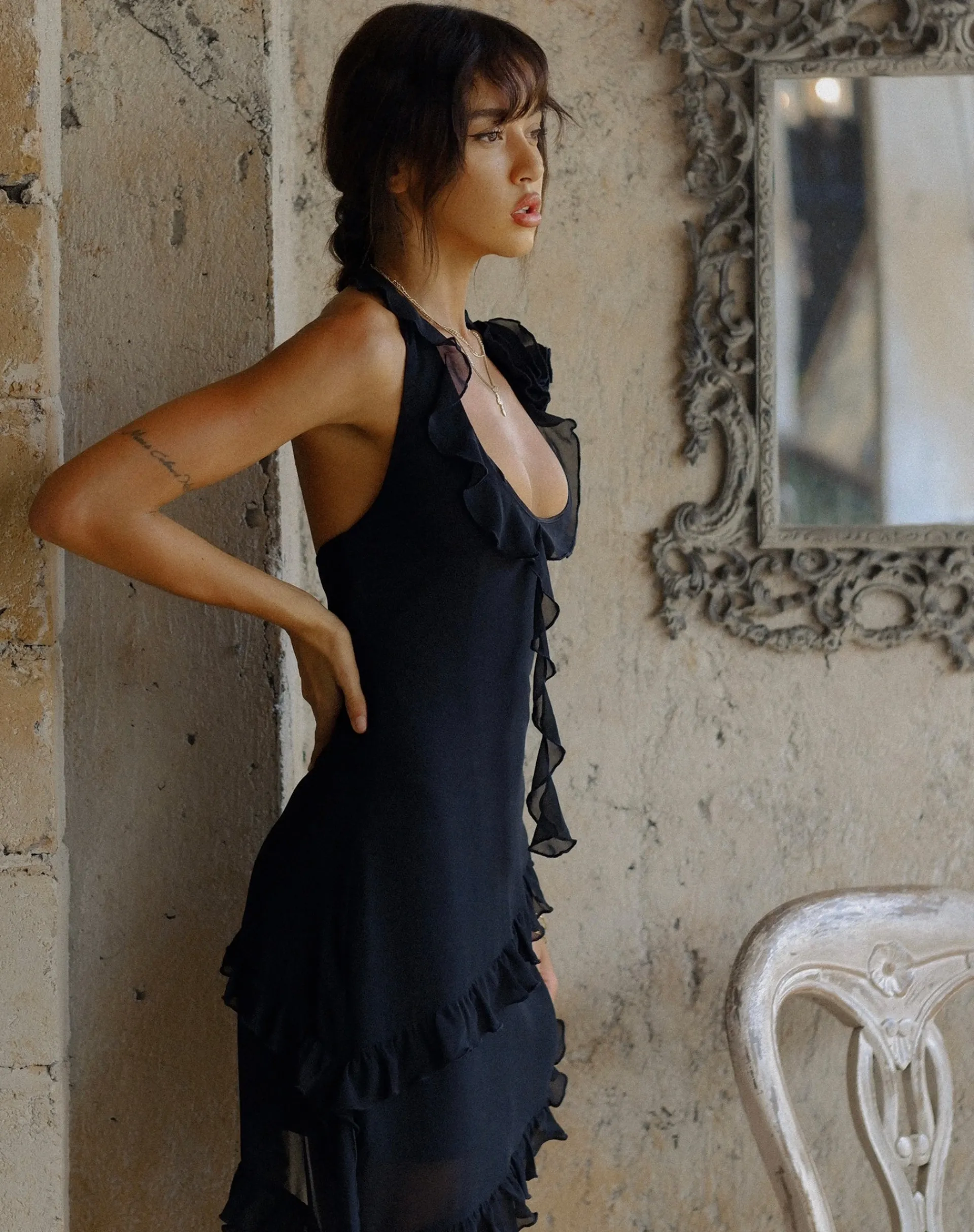 Motel Rocks Little Black Dresses | Party Dresses-Margaret Ruffle Mini Dress in Black Chiffon with Rosette