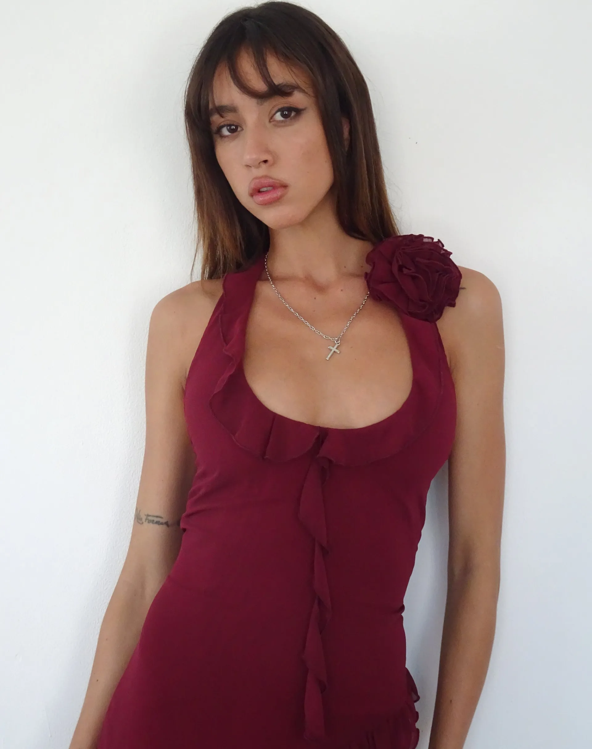 Motel Rocks Mini Dresses-Margaret Ruffle Mini Dress in Plum Chiffon with Rosette PlumChiffon