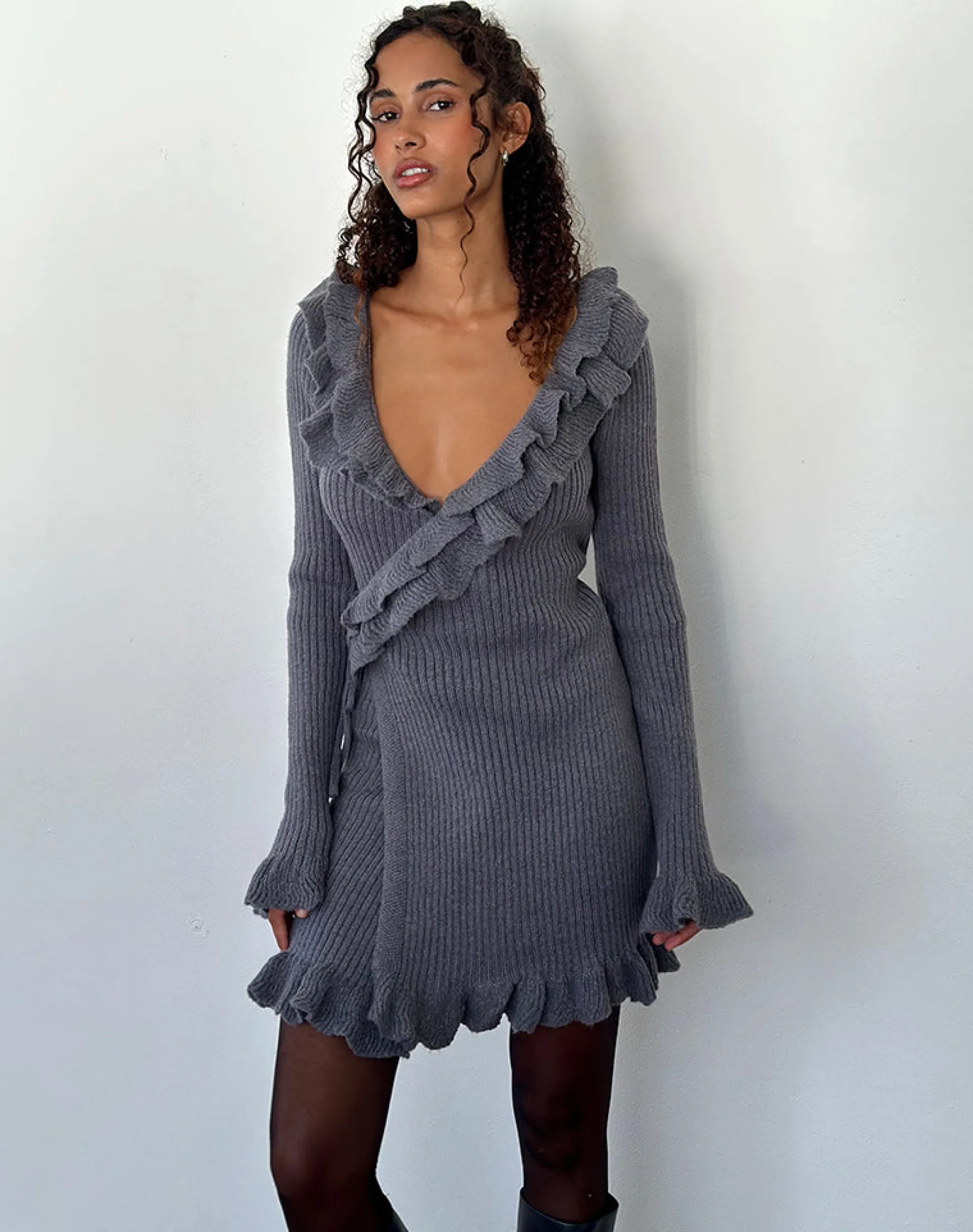 Motel Rocks Day Dresses | Long Sleeve Dresses-Marianna Long Sleeve Knitted Mini Dress in Dark Grey