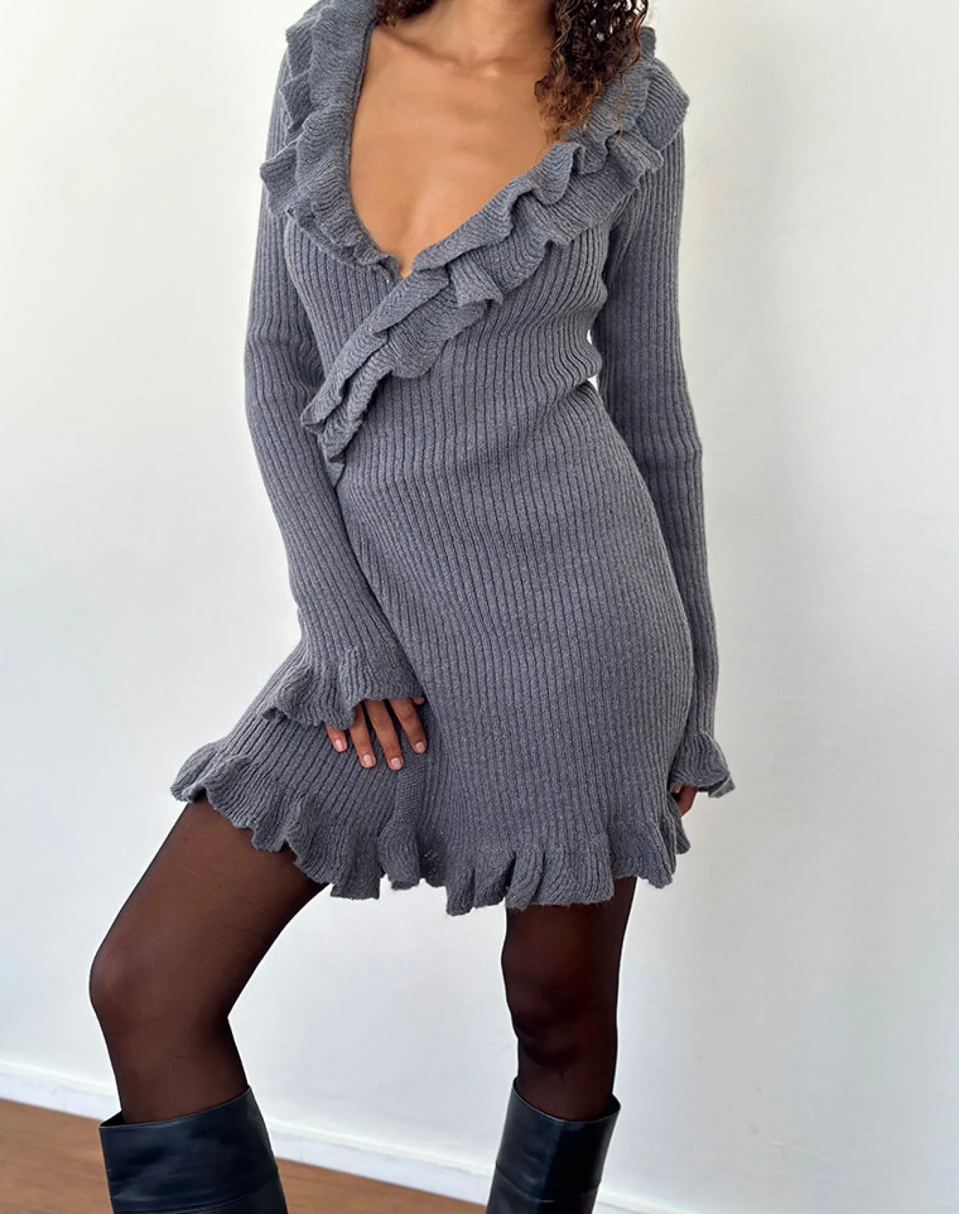 Motel Rocks Day Dresses | Long Sleeve Dresses-Marianna Long Sleeve Knitted Mini Dress in Dark Grey