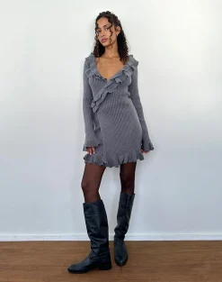 Motel Rocks Day Dresses | Long Sleeve Dresses-Marianna Long Sleeve Knitted Mini Dress in Dark Grey