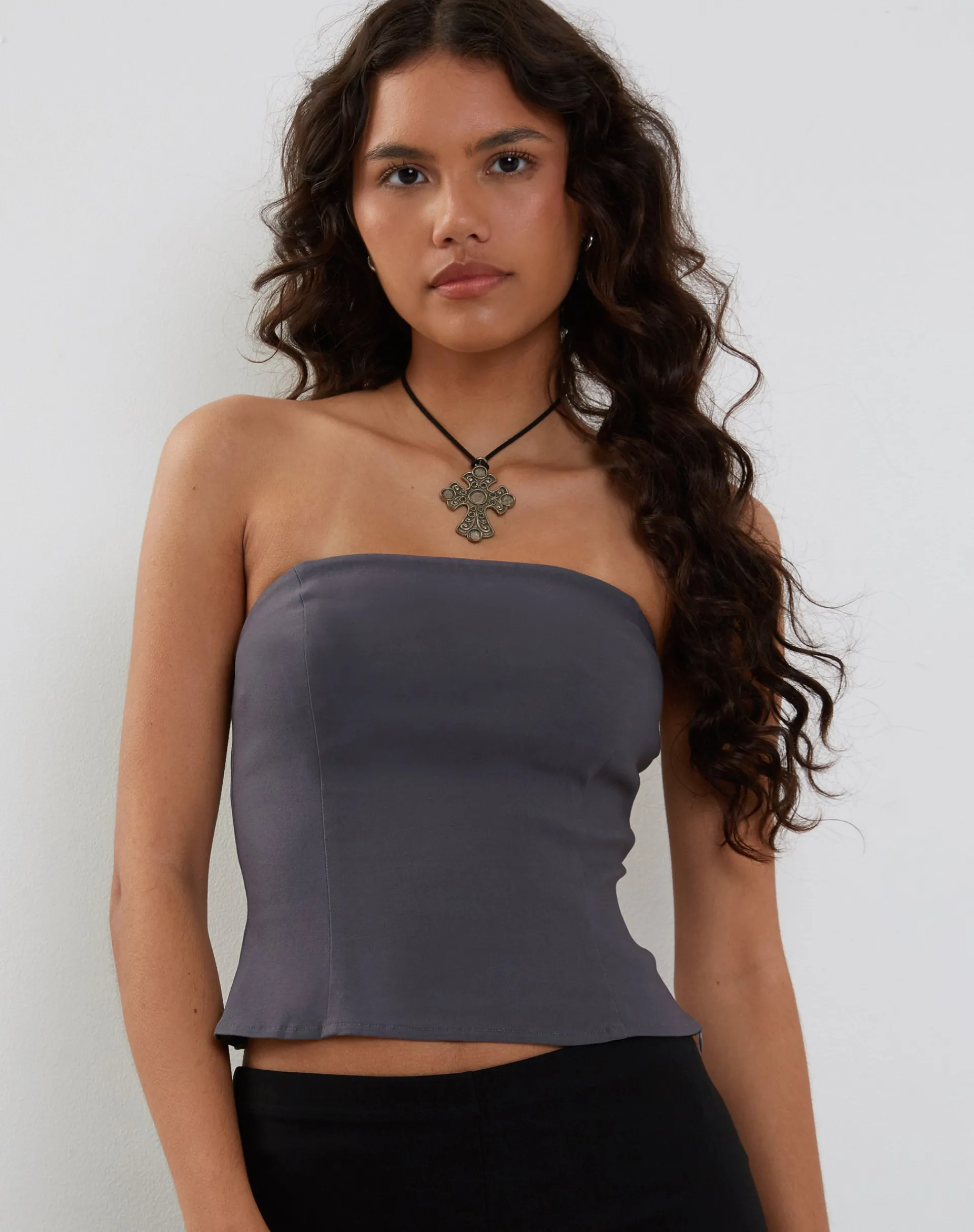 Motel Rocks Bandeau Tops-Maribaya Longline Corset Top in Soft Tailoring charcoal