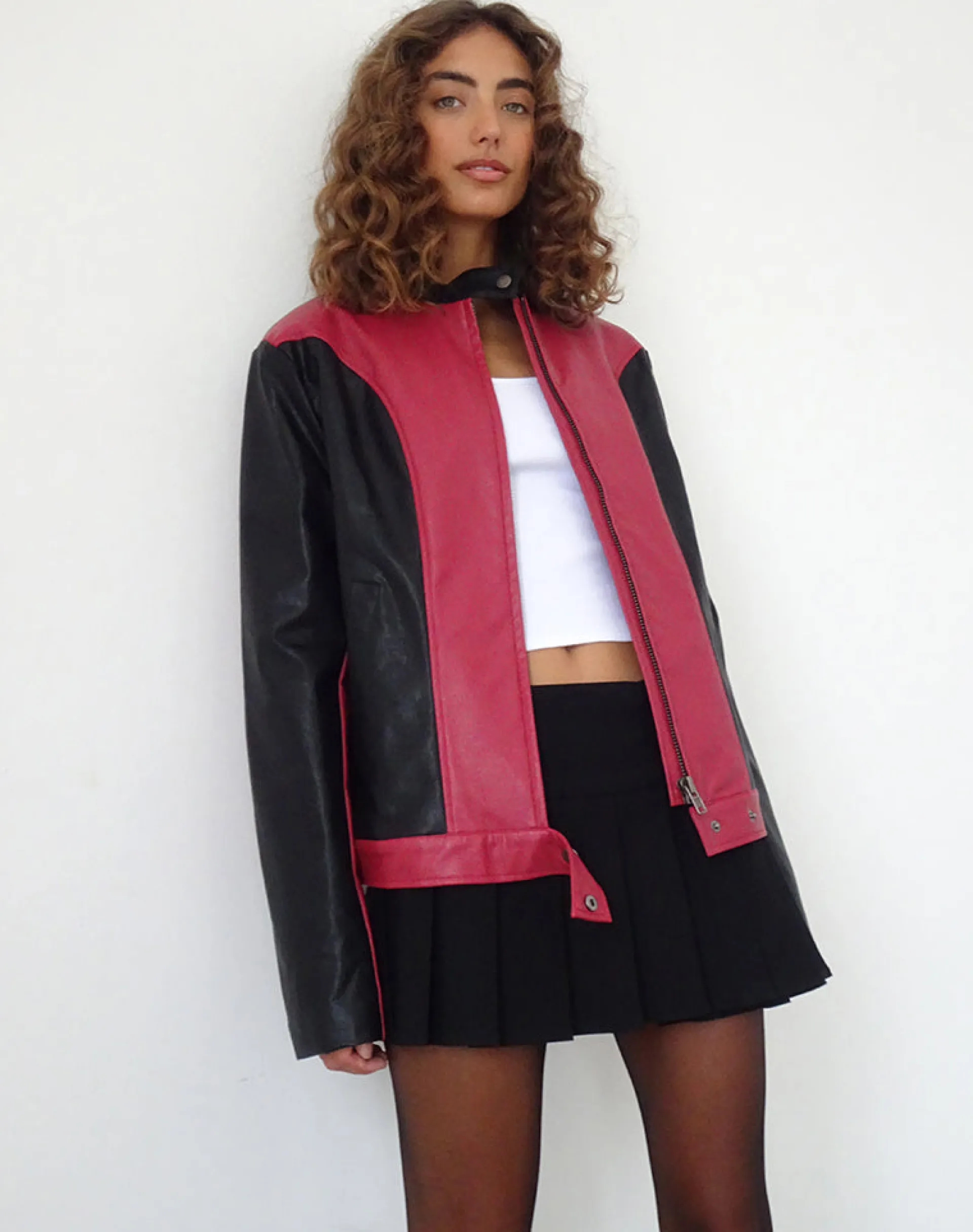Motel Rocks Pu Jackets-Marion PU Biker Jacket in Red with Black Panels RedwithBlackPanels