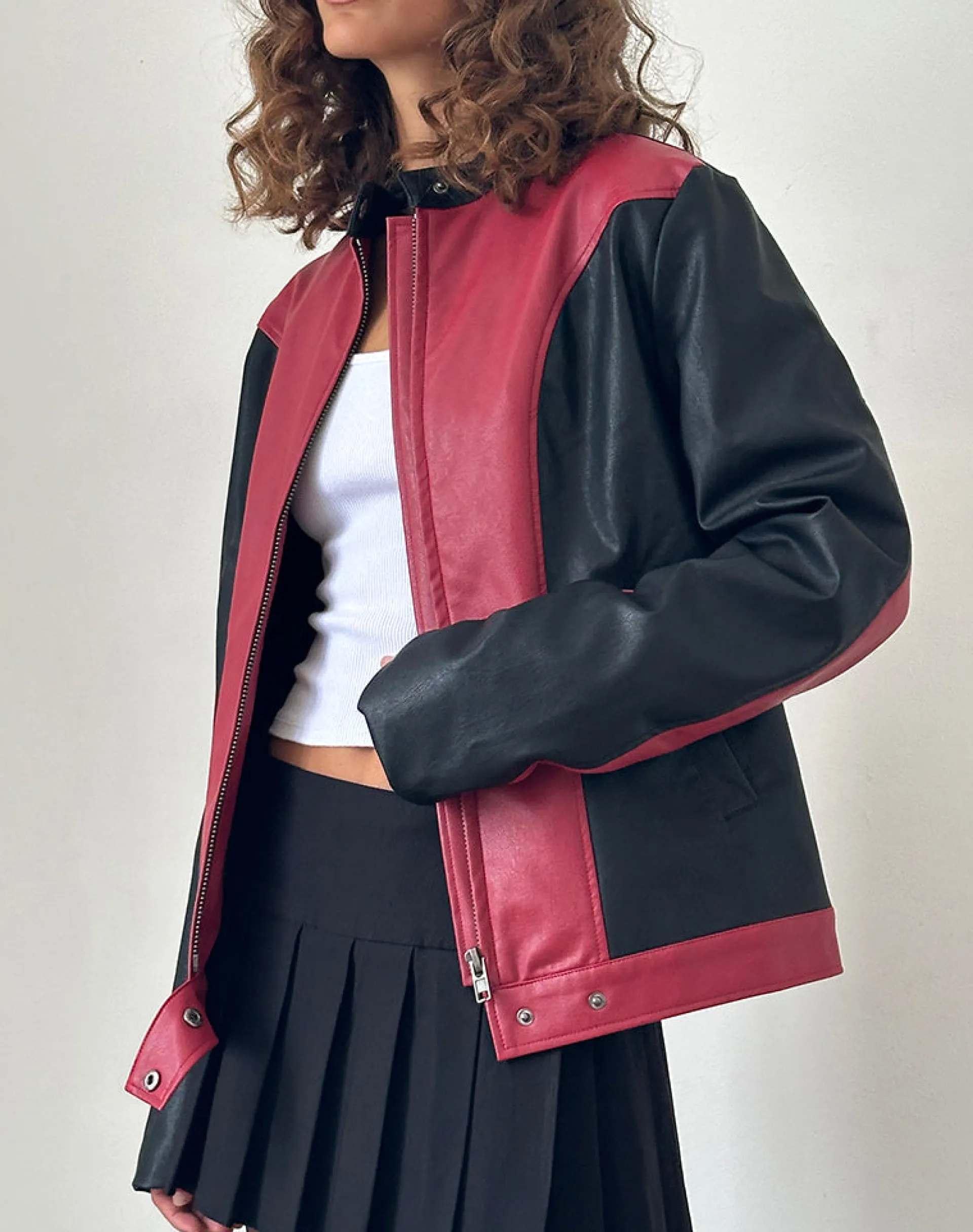 Motel Rocks Pu Jackets-Marion PU Biker Jacket in Red with Black Panels RedwithBlackPanels