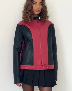 Motel Rocks Pu Jackets-Marion PU Biker Jacket in Red with Black Panels RedwithBlackPanels