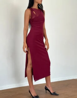 Motel Rocks Basics | Day Dresses-Marlo Asymmetric Midi Dress in Burgundy