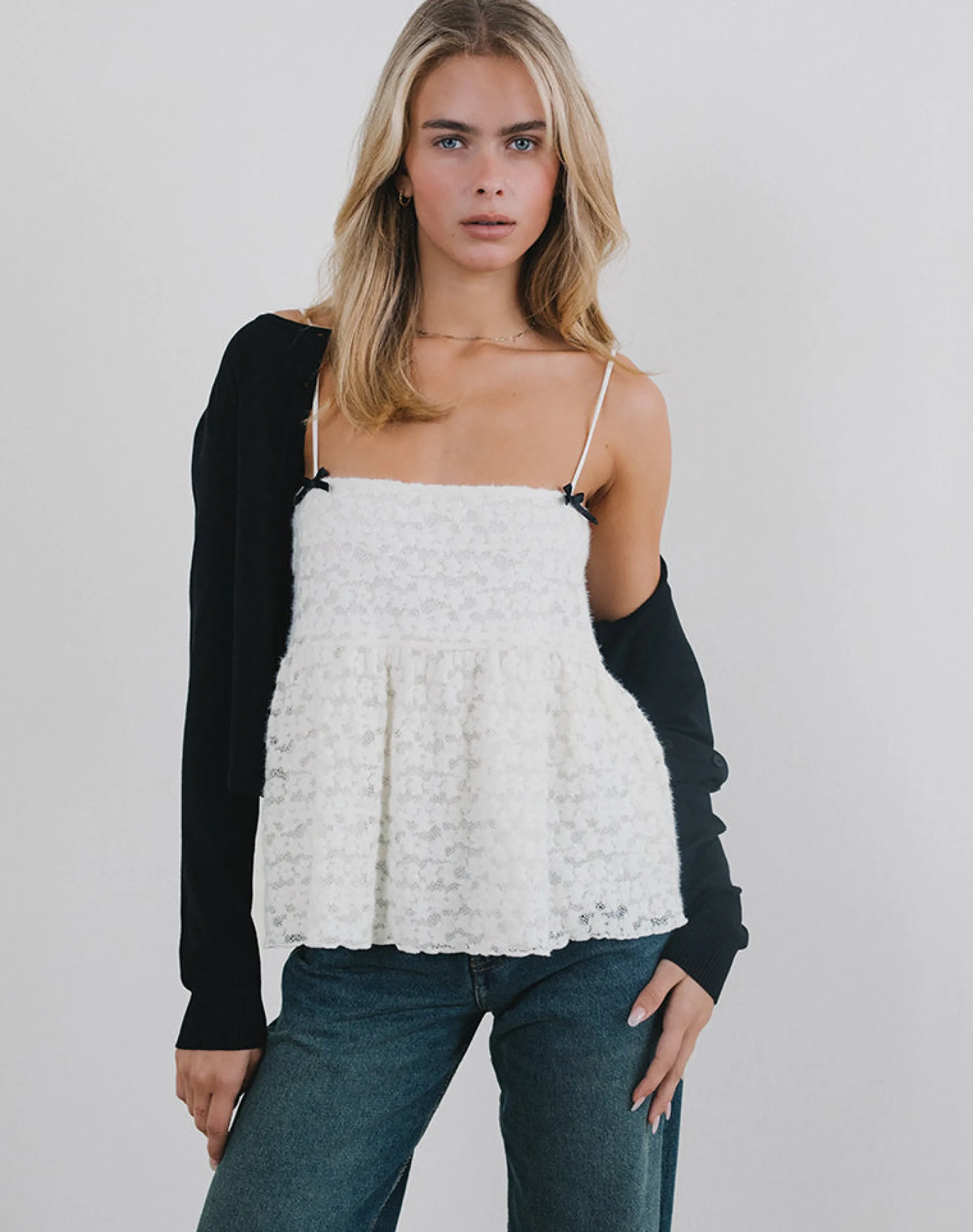 Motel Rocks Strappy Tops | Lace Tops-Marreta Cami Top in Dahlia Lace Ivory