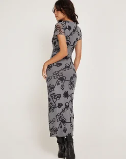 Motel Rocks Printed Dresses-Maruza Midi Dress in Mesh Doodle Flower Grey DoodleFlowerGrey