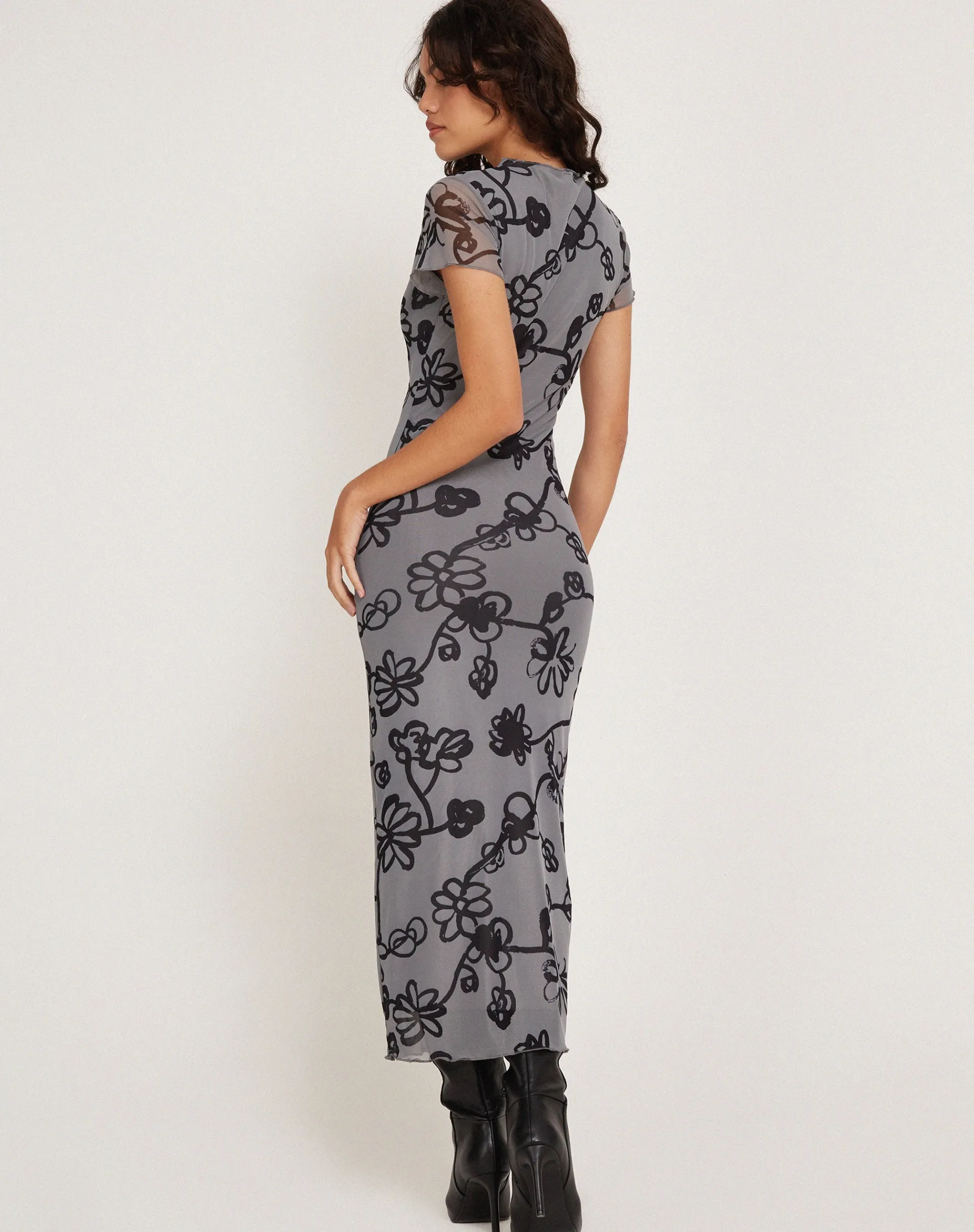 Motel Rocks Printed Dresses-Maruza Midi Dress in Mesh Doodle Flower Grey DoodleFlowerGrey