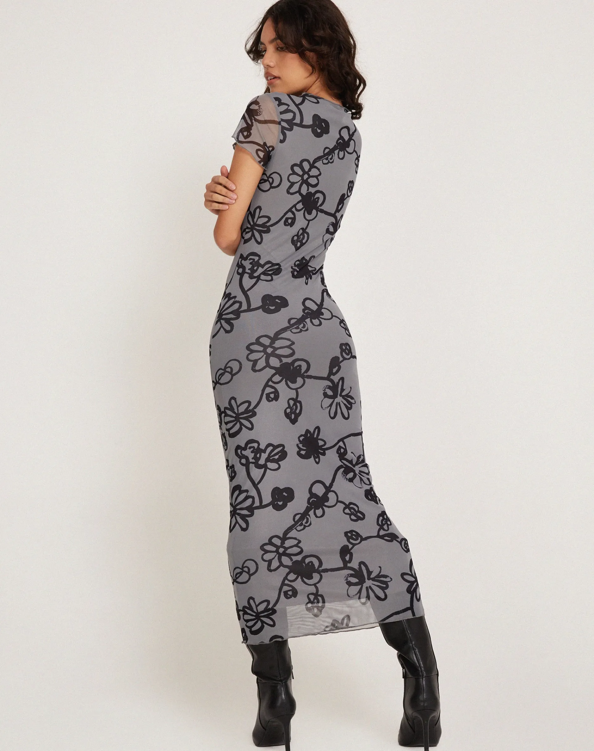 Motel Rocks Printed Dresses-Maruza Midi Dress in Mesh Doodle Flower Grey DoodleFlowerGrey