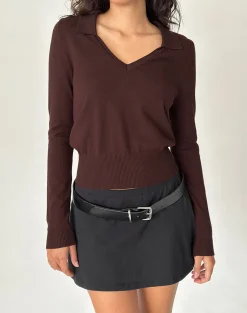 Motel Rocks Basic Tops | Long Sleeve Tops-Maryse Long Sleeve Knitted Top in Brown