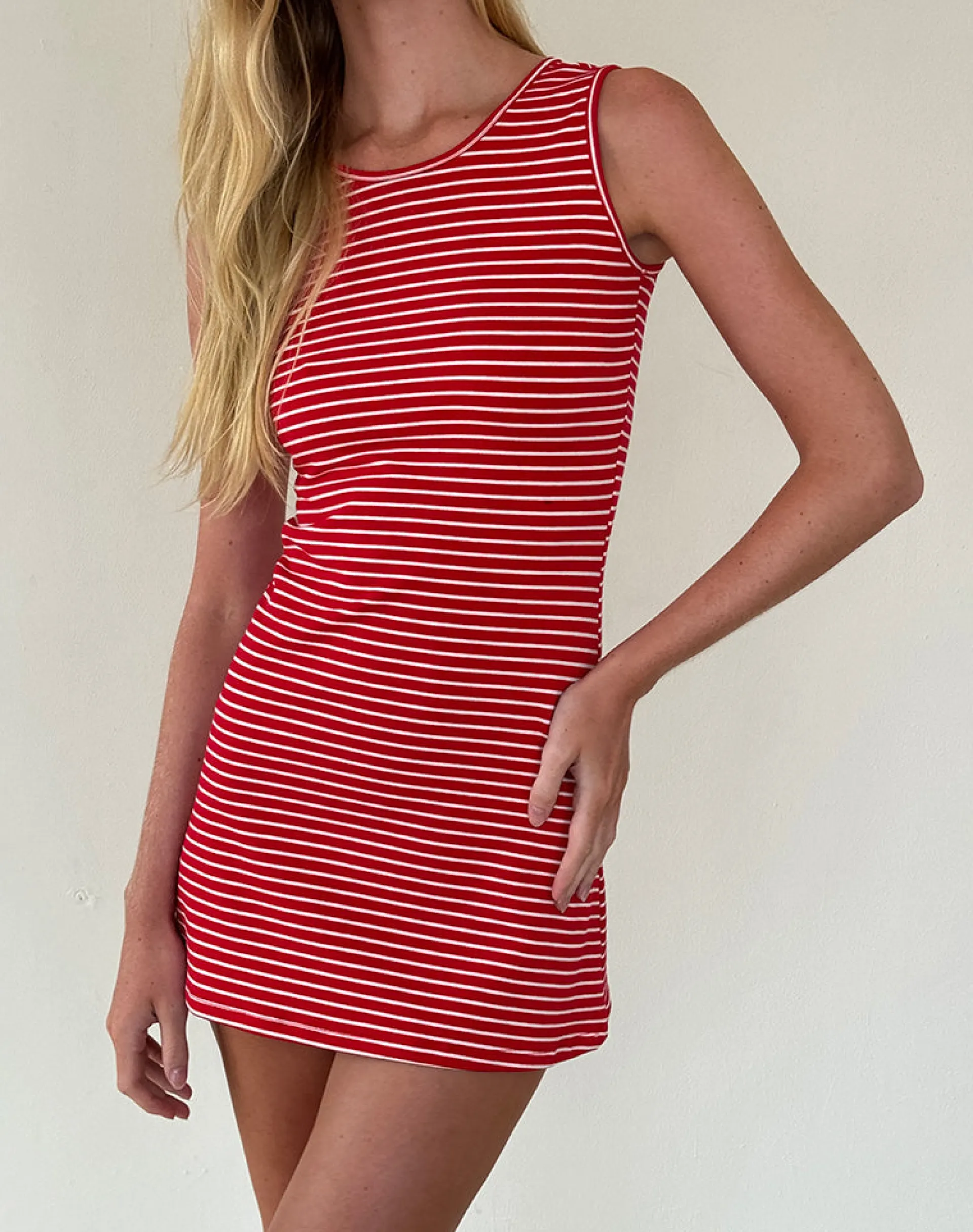 Motel Rocks Basics | Day Dresses-Masha Mini Dress in Red and White Stripe Jersey