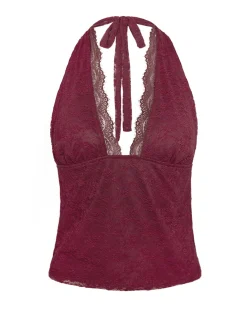 Motel Rocks Halterneck Tops | Going Out Tops-Matua Halter Top in Clover Lace Maroon CloverLaceMaroon