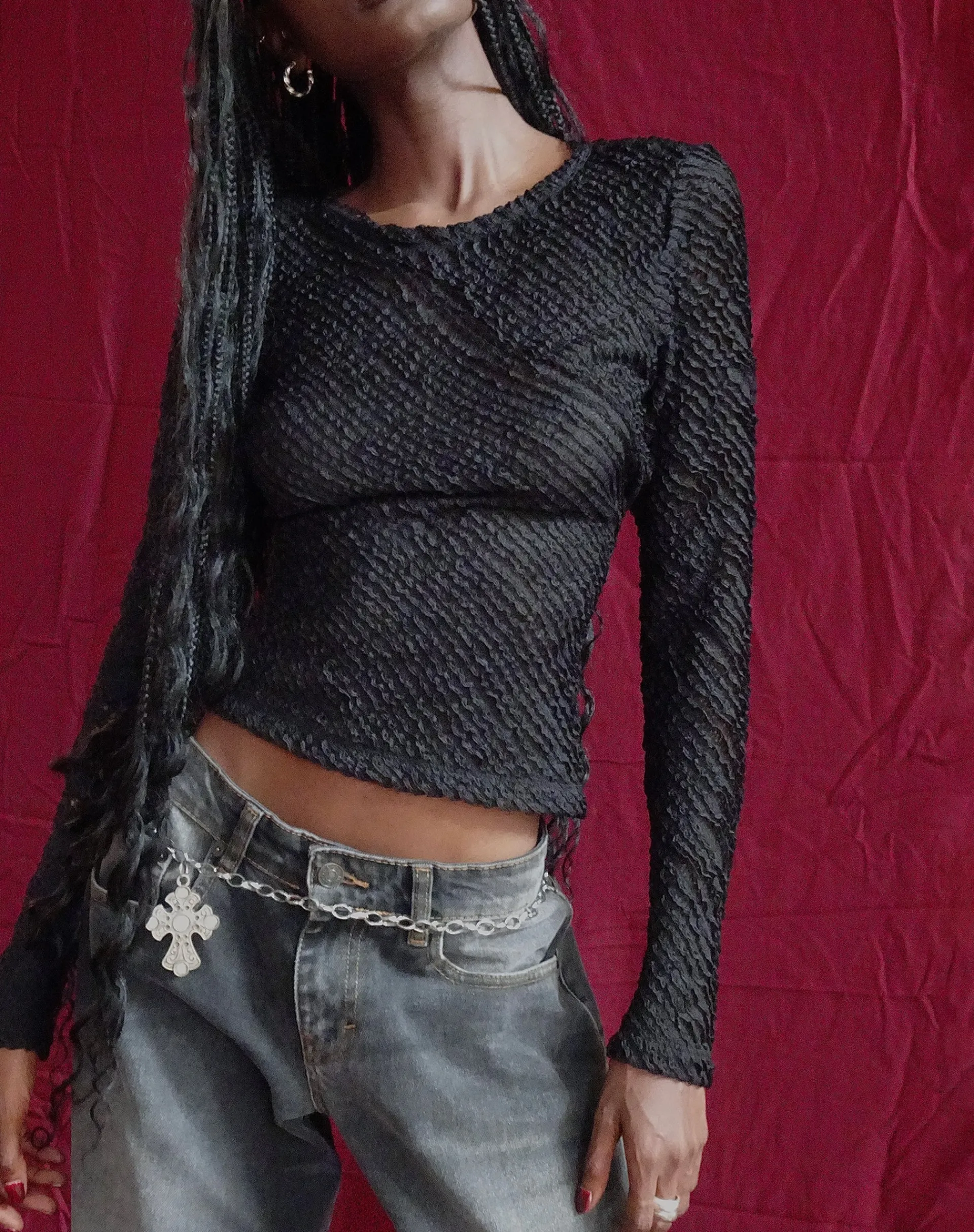 Motel Rocks Long Sleeve Tops-Maya Long Sleeve Top in Textured Black