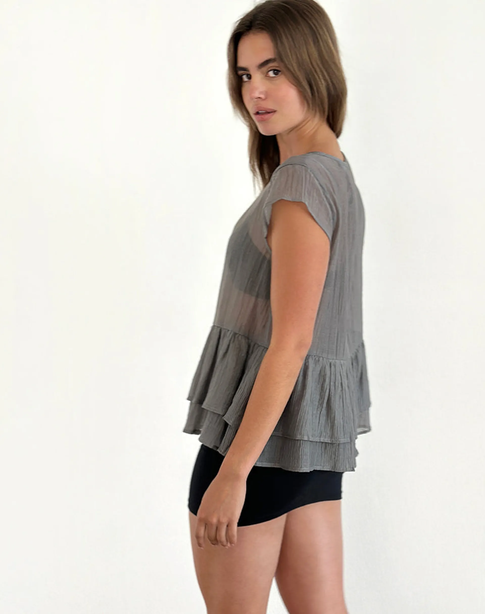 Motel Rocks Tailoring-Mayumi Peplum Top in Chiffon Grey ChiffonGrey