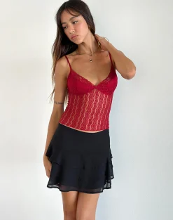 Motel Rocks Strappy Tops | Lace Tops-Megara Strappy Top in Red Lace Mesh RedLaceMesh
