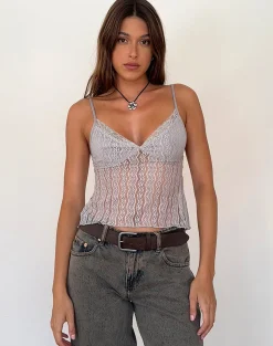 Motel Rocks Strappy Tops | Lace Tops-Megara Strappy Top in Silver Grey Lace Mesh SilverGreyLaceMesh
