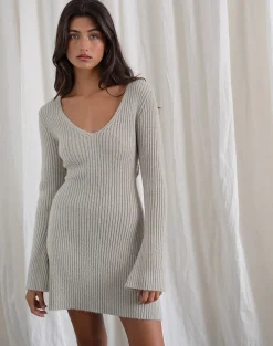 Motel Rocks Bodycon Dresses | Long Sleeve Dresses-Meghan Dress in Wider Rib Knit Ecru