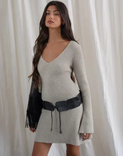 Motel Rocks Bodycon Dresses | Long Sleeve Dresses-Meghan Dress in Wider Rib Knit Ecru