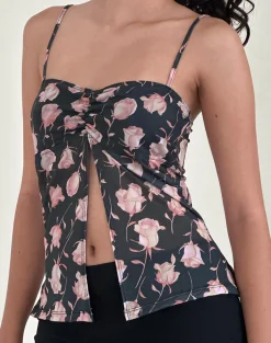 Motel Rocks Printed Tops | Strappy Tops-Megumi Top in Falling Rose Jet Black