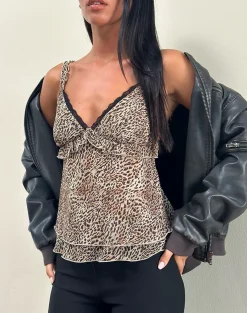 Motel Rocks Printed Tops | Strappy Tops-Melinda Frill Cami Top in Chiffon Leopard ChiffonLeopard