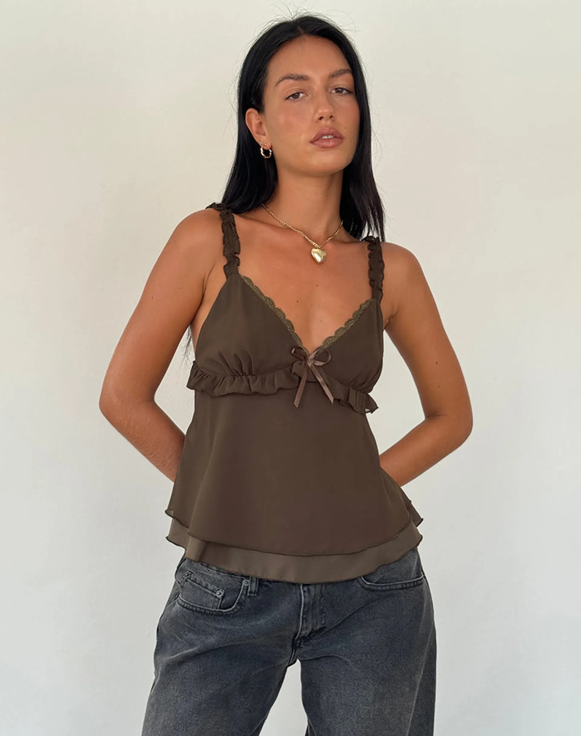 Motel Rocks Strappy Tops | Going Out Tops-Melinda Frill Cami Top in Chiffon Olive ChiffonOlive