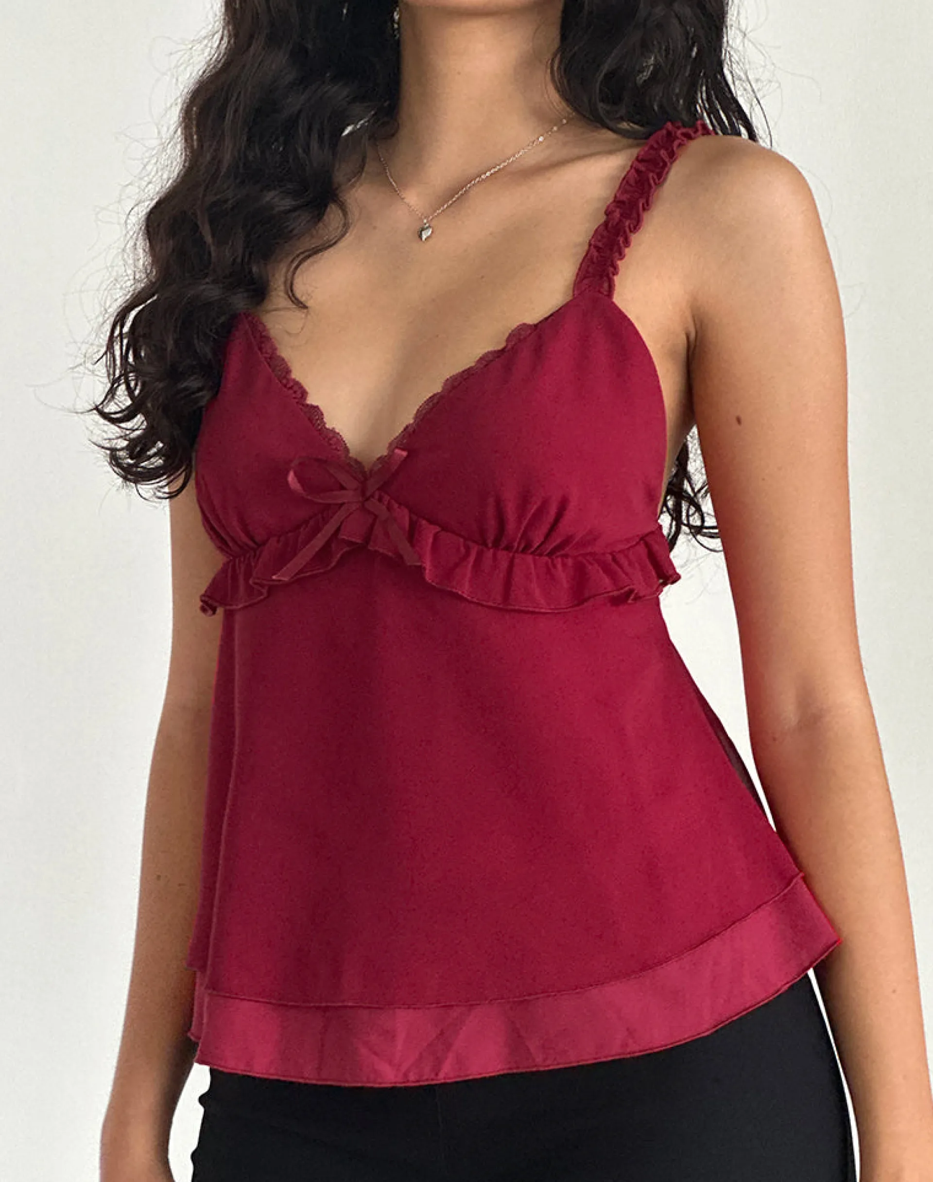 Motel Rocks Strappy Tops | Going Out Tops-Melinda Frill Cami Top in Chiffon Deep Red ChiffonDeepRed