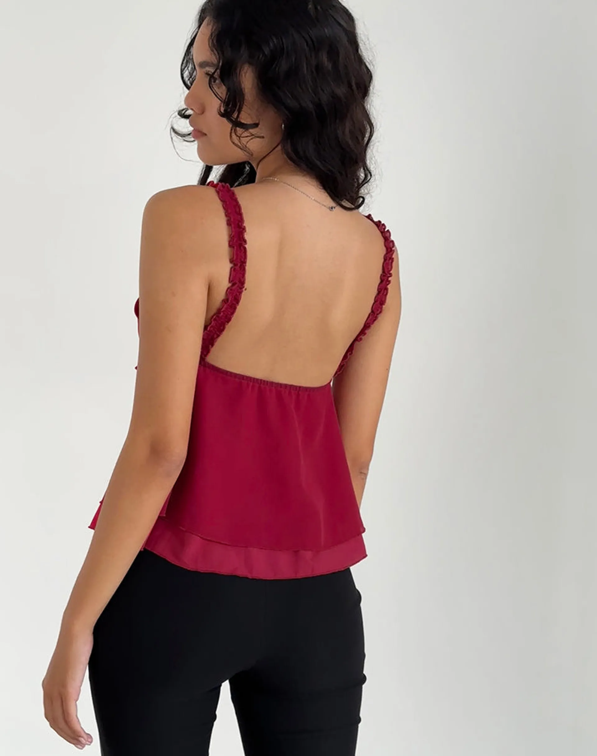 Motel Rocks Strappy Tops | Going Out Tops-Melinda Frill Cami Top in Chiffon Deep Red ChiffonDeepRed