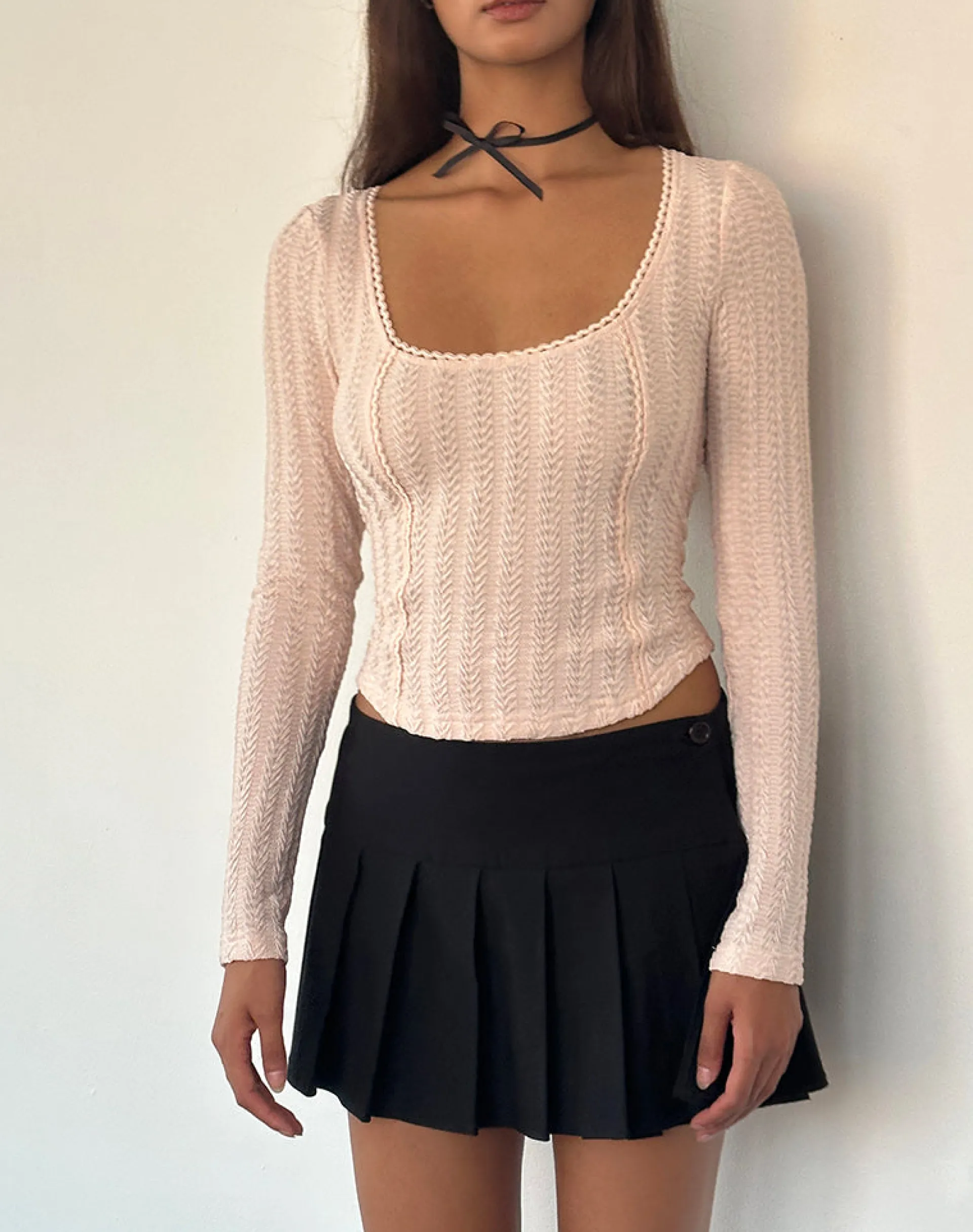 Motel Rocks Long Sleeve Tops | Going Out Tops-Melissa Textured Long Sleeve Top in Light Peach