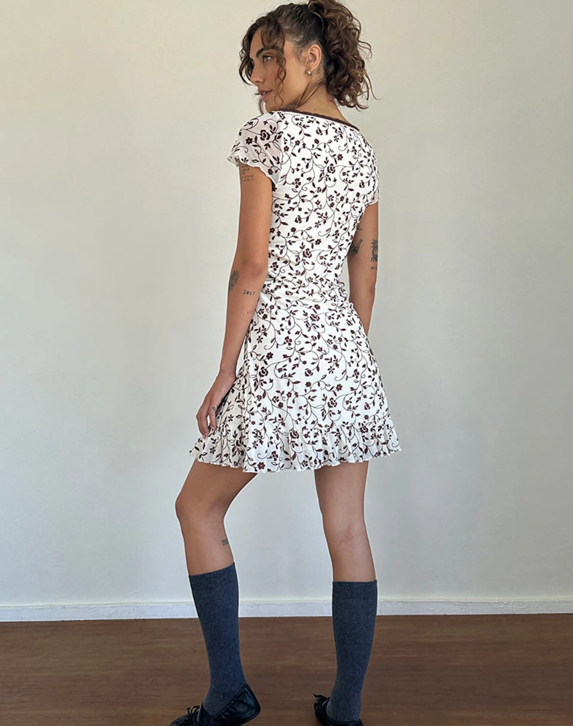 Motel Rocks Printed Dresses | Day Dresses-Melva Mini Dress in Brown Stem Flower Flock BrownStemFlowerFlock