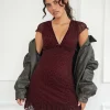 Motel Rocks Mini Dresses-Melva Mini Dress in Ditsy Flock Burnt Maroon DitsyFlockBurntMaroon