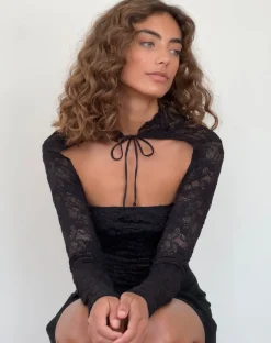 Motel Rocks Long Sleeve Tops | Going Out Tops-Melvina Bandeau Top and Shrug Set in Lace Black