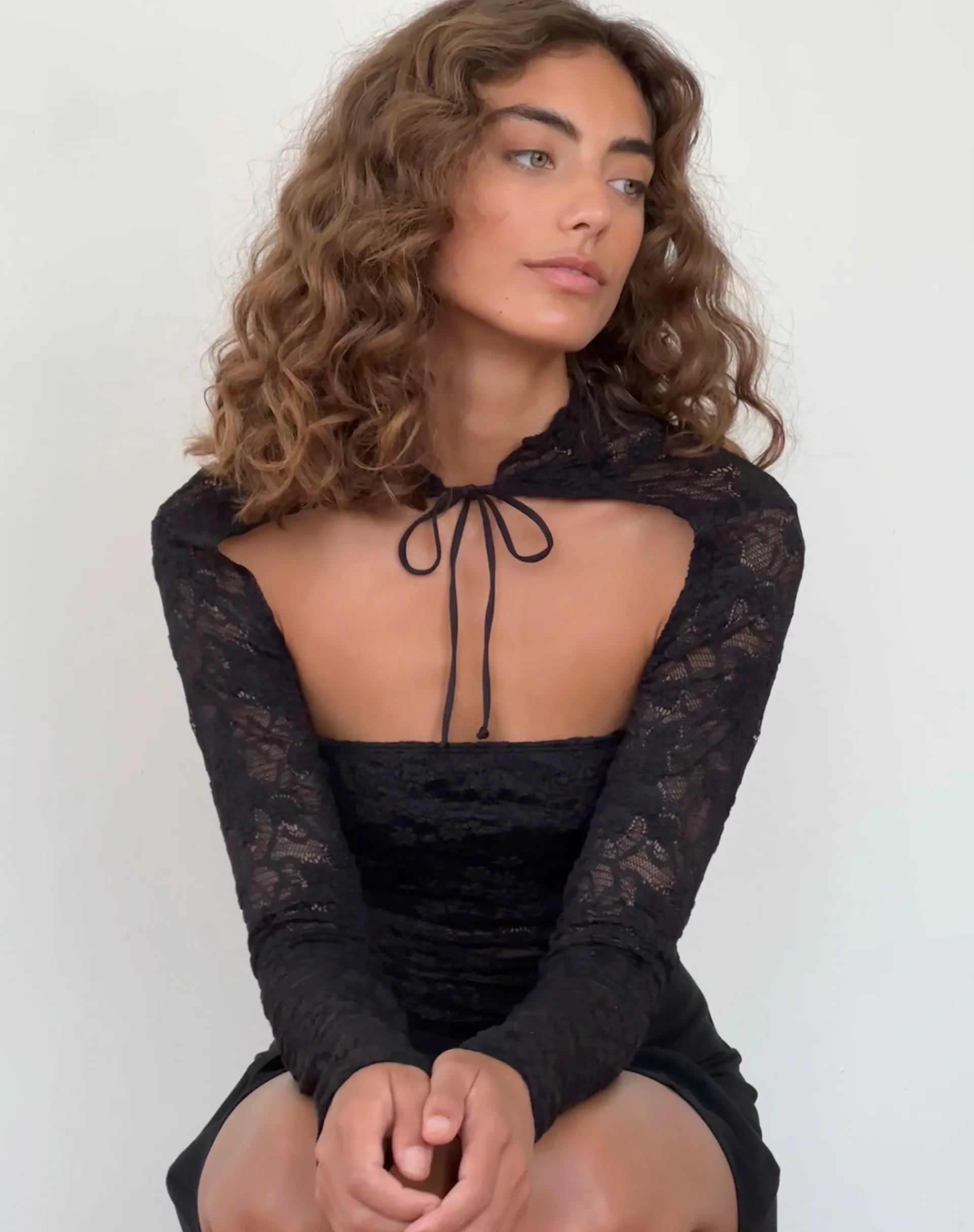Motel Rocks Long Sleeve Tops | Going Out Tops-Melvina Bandeau Top and Shrug Set in Lace Black