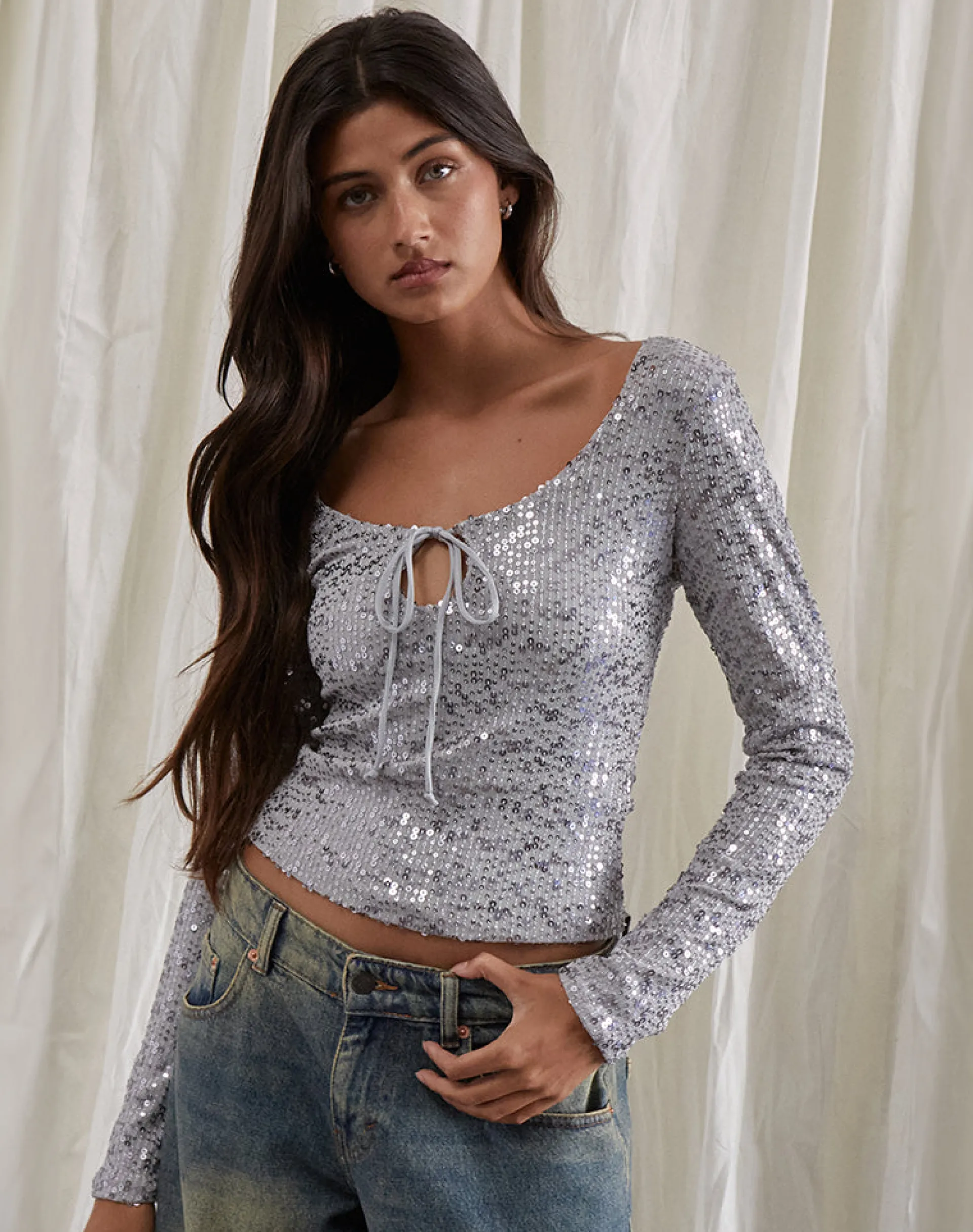 Motel Rocks Sequin Tops | Long Sleeve Tops-Meraga Tie Front Top in Silver Sequin