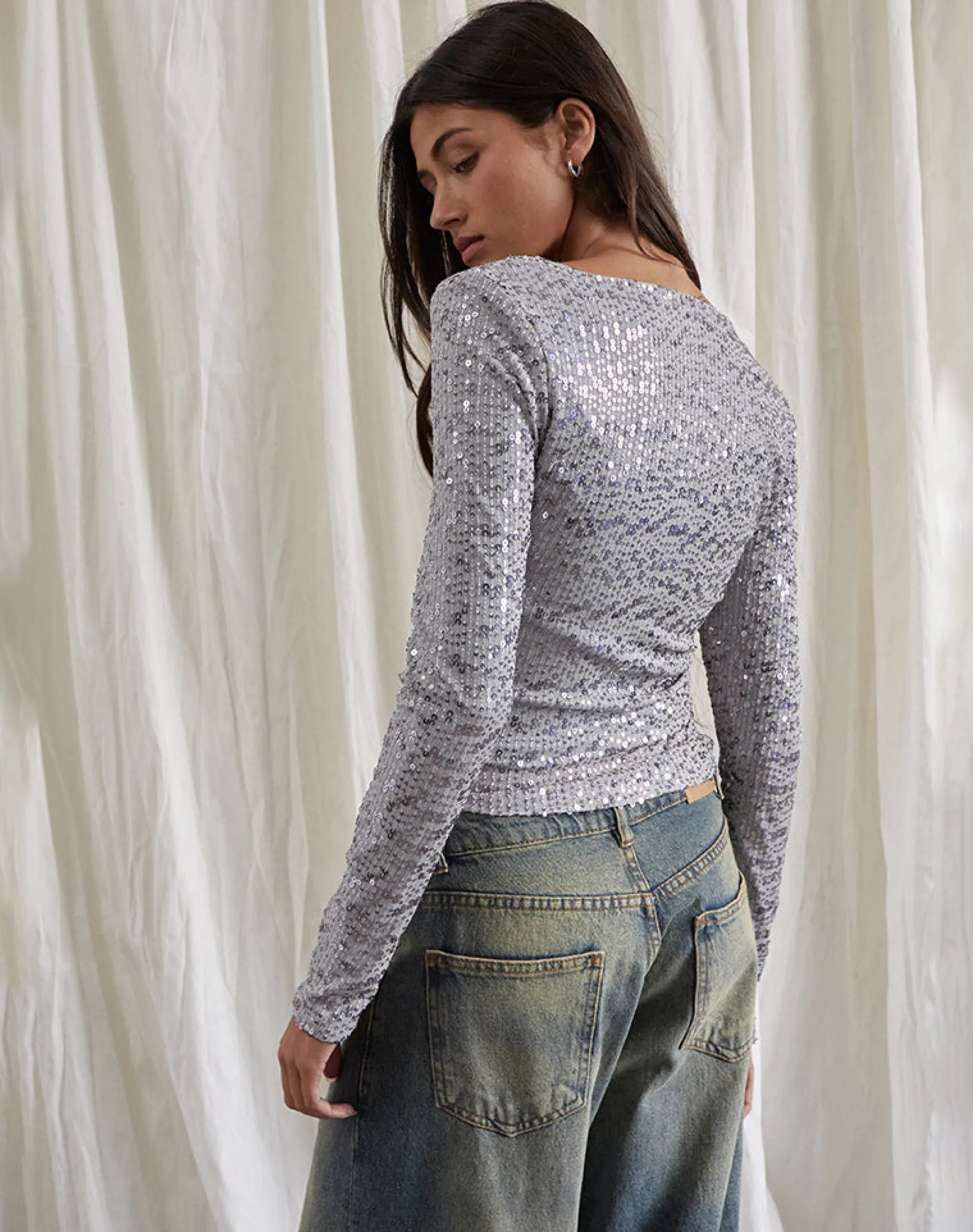 Motel Rocks Sequin Tops | Long Sleeve Tops-Meraga Tie Front Top in Silver Sequin