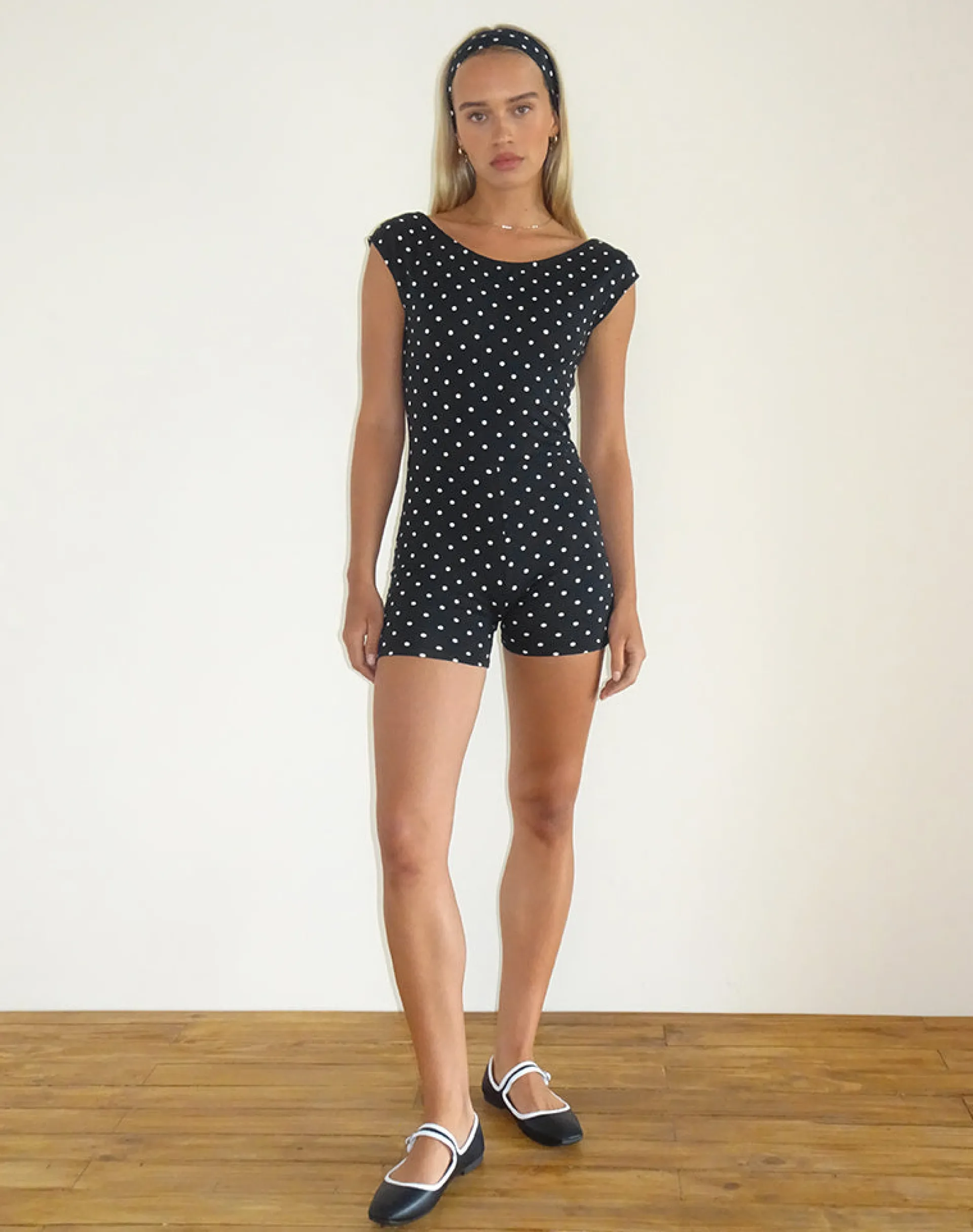 Motel Rocks Jumpsuits & Rompers-Meredith Backless Playsuit in Polka Black
