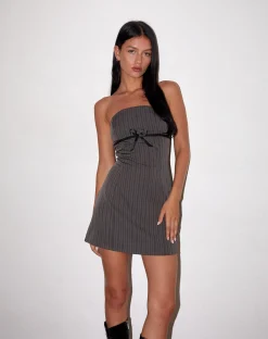 Motel Rocks Printed Dresses | Day Dresses-Merila Bandeau Mini Dress in Pinstripe Grey greypinstripe