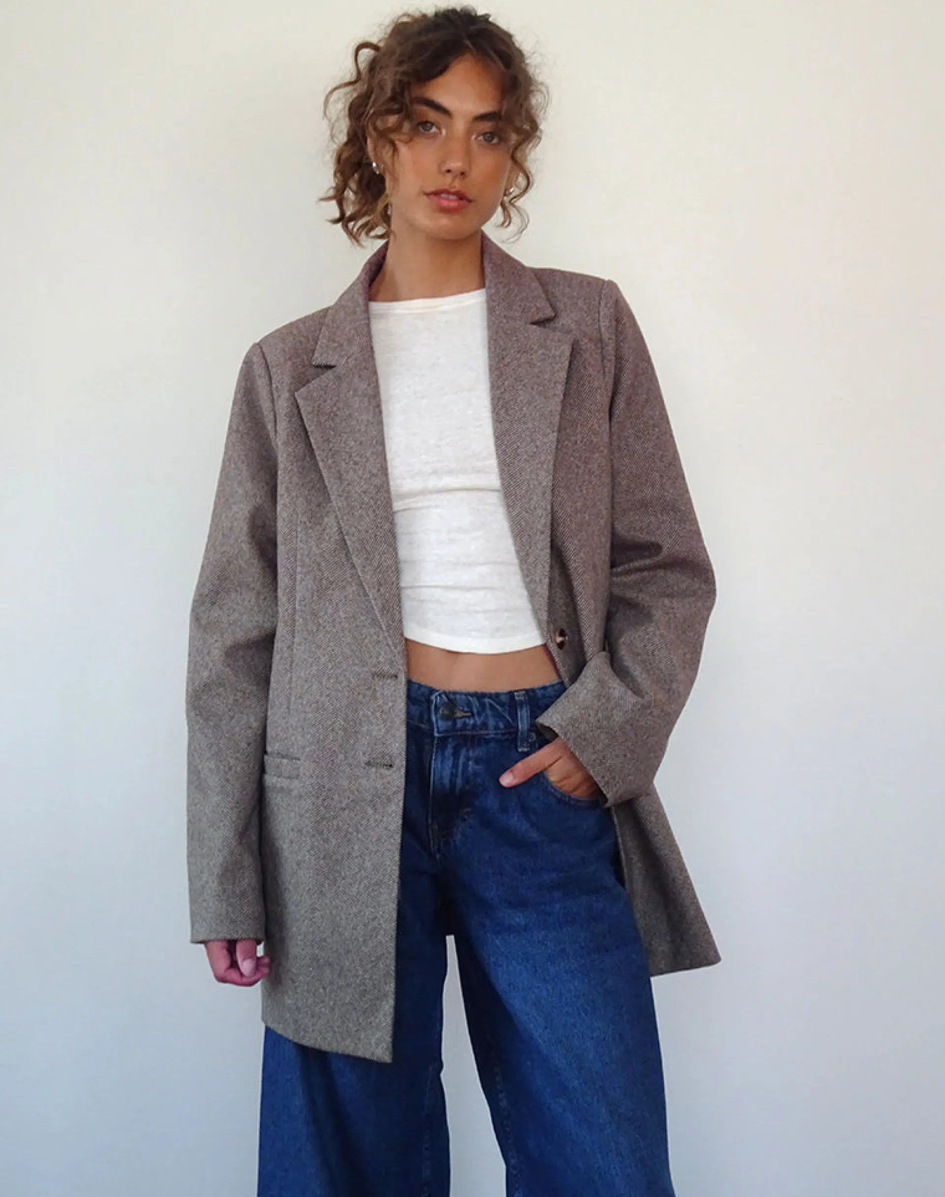 Motel Rocks Basics-Messeir Faux Wool Blazer in Walnut