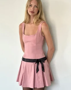 Motel Rocks Day Dresses | Mini Dresses-Michelia Mini Dress in Pink with Black Bow PinkwithBlackBow