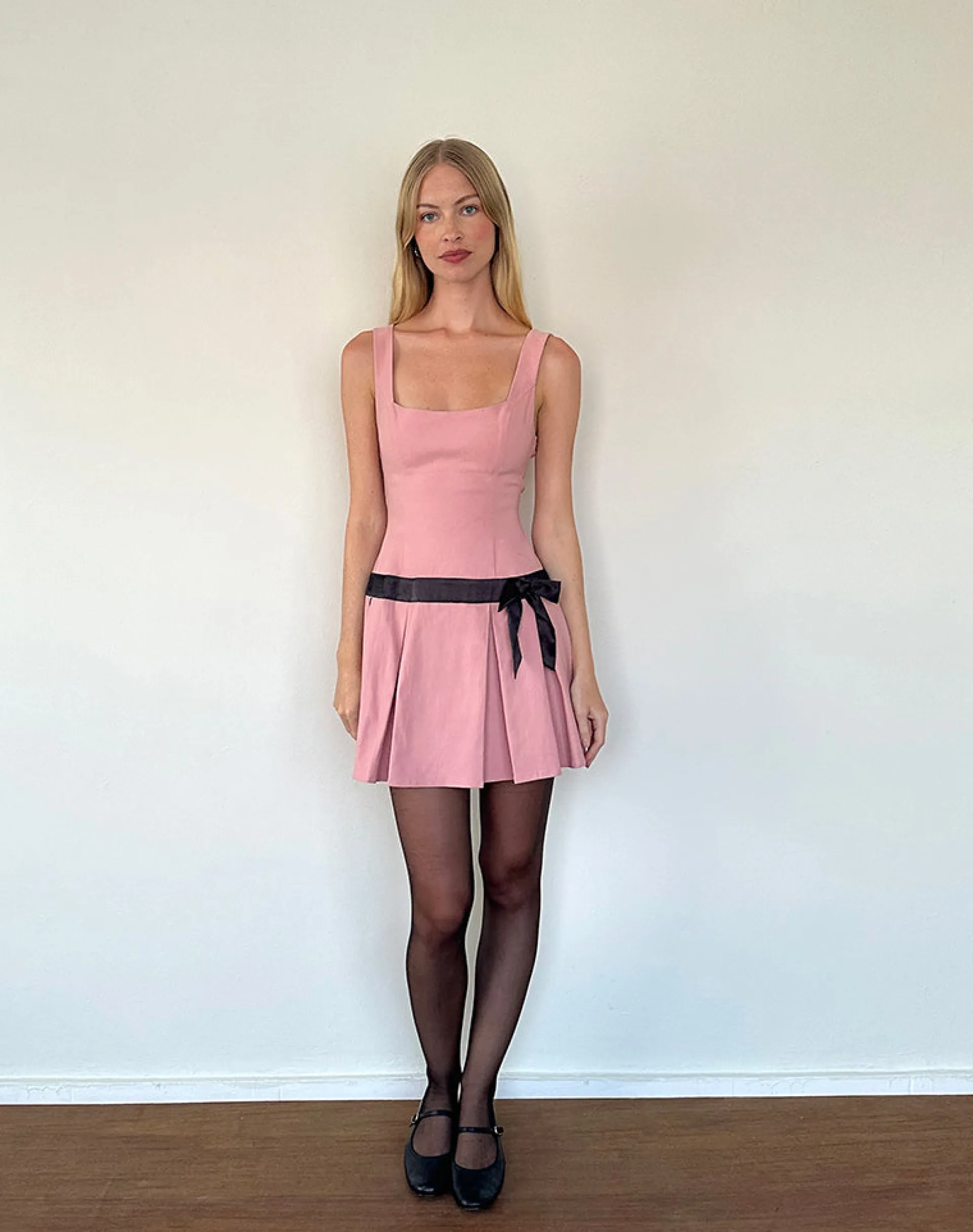 Motel Rocks Day Dresses | Mini Dresses-Michelia Mini Dress in Pink with Black Bow PinkwithBlackBow