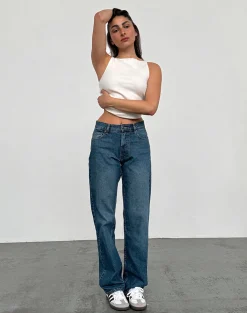 Motel Rocks Low Rise Pants | Jeans-Mid Rise Slim Parallel Jeans in Mid Blue Used MidBlueUsed