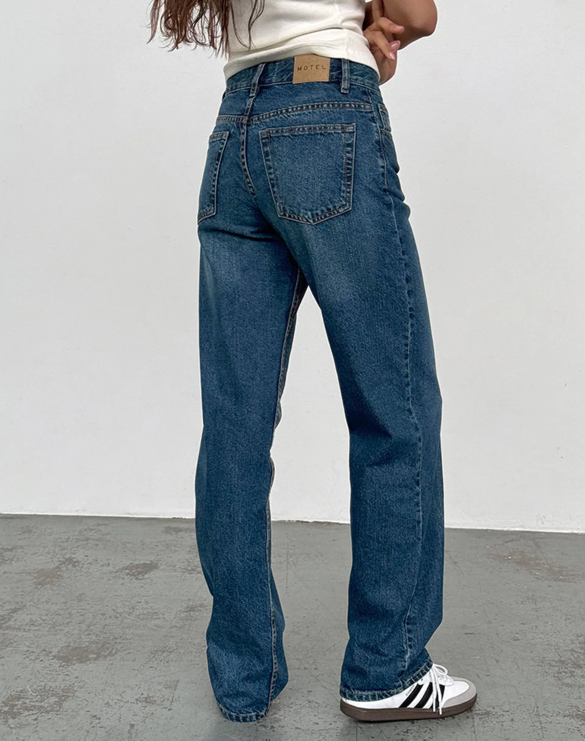 Motel Rocks Low Rise Pants | Jeans-Mid Rise Slim Parallel Jeans in Mid Blue Used MidBlueUsed