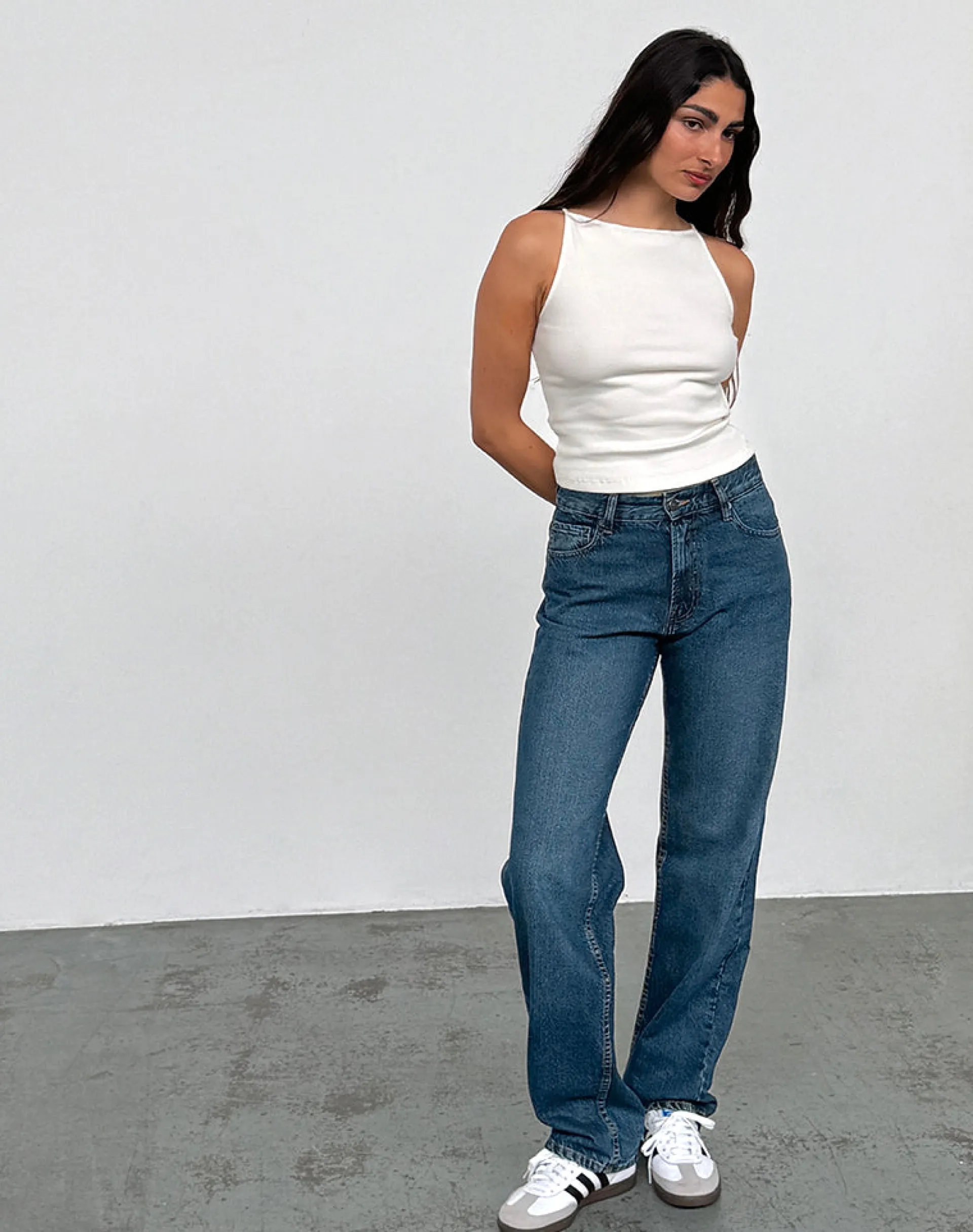 Motel Rocks Low Rise Pants | Jeans-Mid Rise Slim Parallel Jeans in Mid Blue Used MidBlueUsed