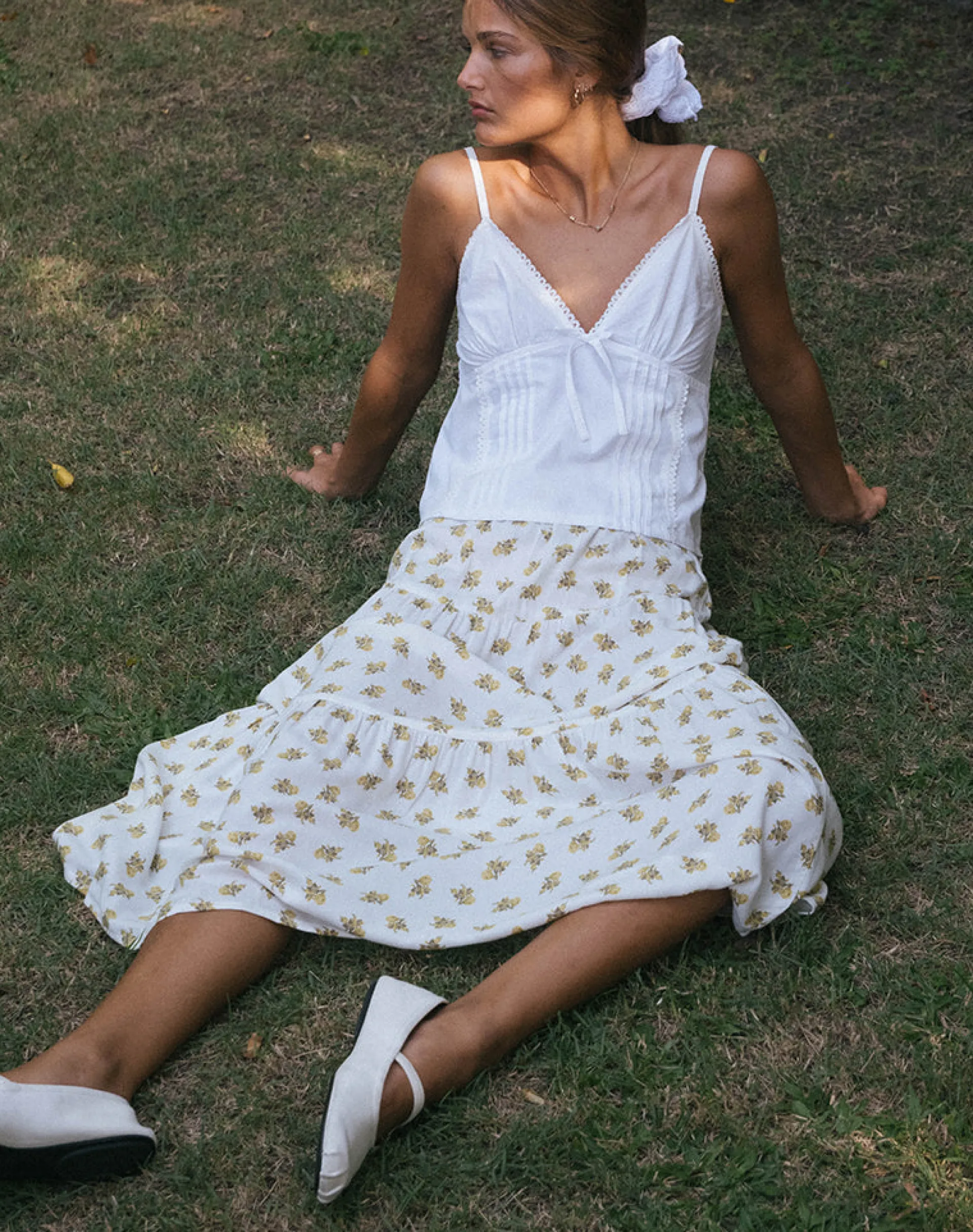 Motel Rocks Co-Ords | Printed Skirts-Midaxi Skirt in Funshine Floral Off White
