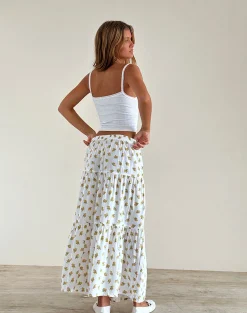 Motel Rocks Co-Ords | Printed Skirts-Midaxi Skirt in Funshine Floral Off White