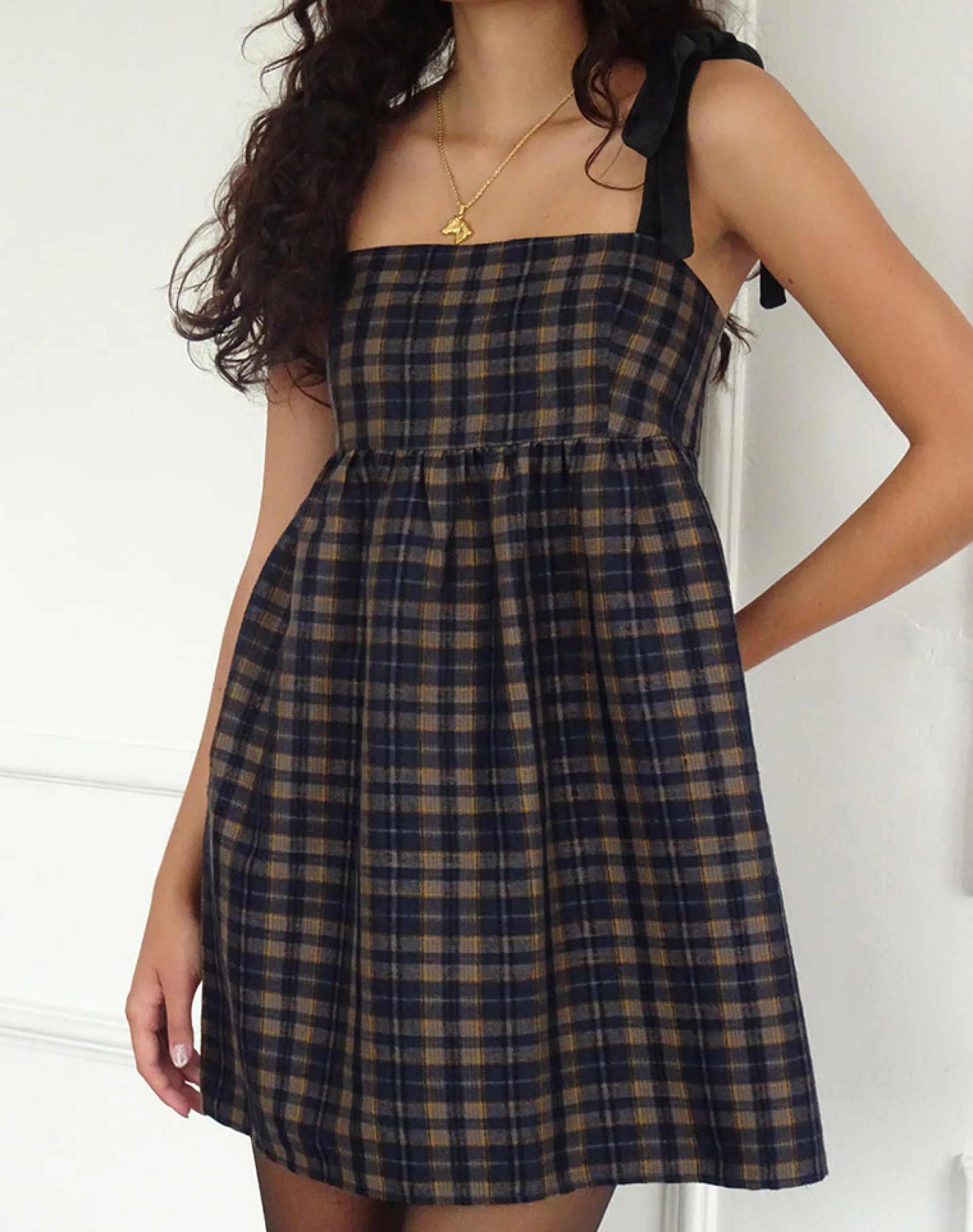 Motel Rocks Printed Dresses | Day Dresses-Mikayla Square Neck Mini Dress in Navy and Mustard Check