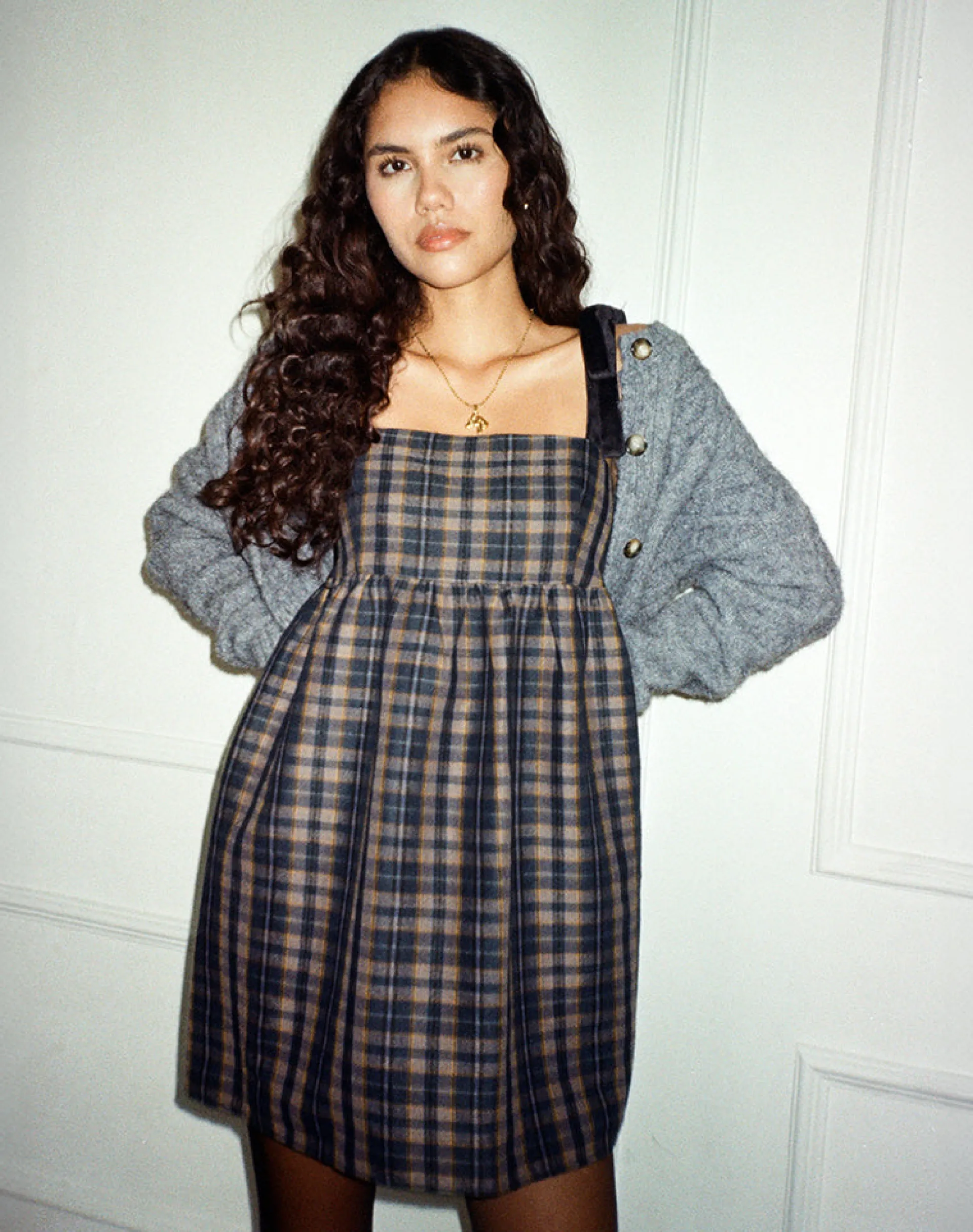Motel Rocks Printed Dresses | Day Dresses-Mikayla Square Neck Mini Dress in Navy and Mustard Check